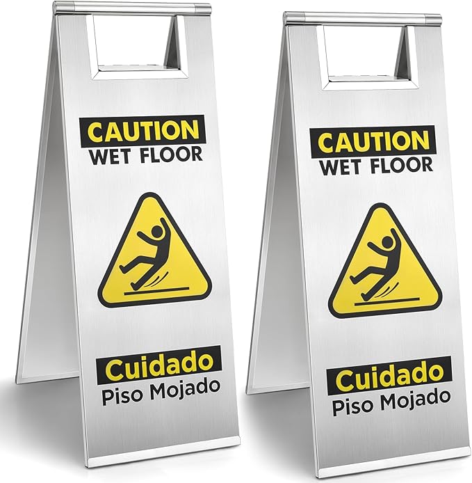 2 Packs Wet Floor Sign Stainless Steel for Business, Commercial Caution Wet Floor Sign Double Sided & Bilingual, Size 24'' * 9''，Silver