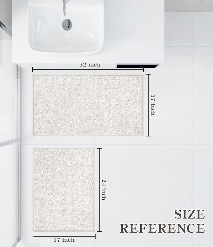 chakme 2 Piece Bathroom Rug Set, Ultra Thin Bath Mat, Absorbent, Non Slip, Machine Washable, White, 17" x 24"