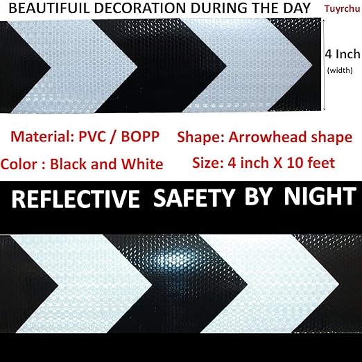 Black White Reflective Tape 4 inch X 10 feet, Outdoor Waterproof Hazard Conspicuity Warning Industrial Marking Tape