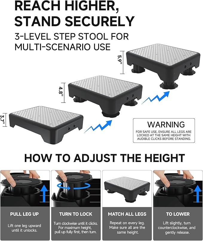 Adjustable Step Stool for Adults, Bed Step Stools, 600 LBS Capacity Safety Wide Step Platform, Indoor and Outdoor Steps for Seniors, Non-Slip Stepping Stool Elderly Assistance, Grey