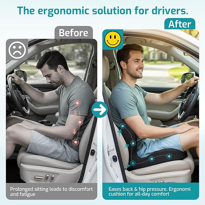 Trucker Seat Cushion, Car Seat Cushions with Lumbar Support Pillow, Ergonomic L-Shaped One Piece Memory Foam Pad for Long Driving Back Pain Sciatica Relief, Drivers Office Workers (Black+ Gray)
