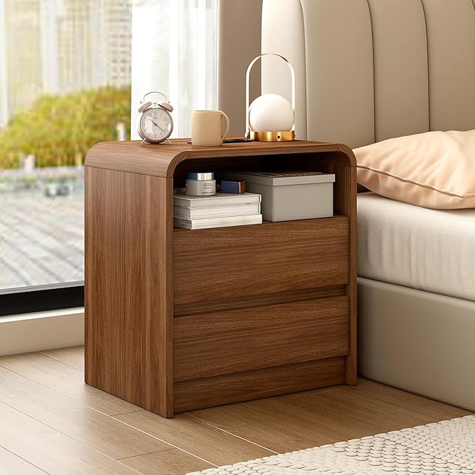 Walnut Nightstand with Charging Station, 21 Inch Wide Night Stand with Deep Drawers, Modern Bedroom Bedside End Table with Rounded Corners Anti-Collision Design for Dorm, Sofa, Office