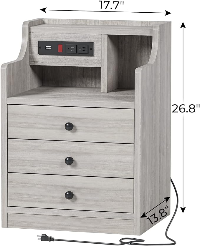 ADORNEVE Nightstand Set 2,Gray Nightstand with Charging Station & Hutch,Night Stands for Bedrooms Set of 2,Bedside Table with Drawers