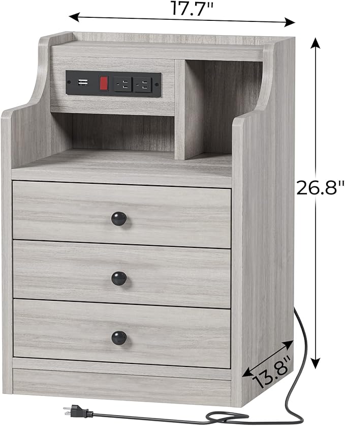 ADORNEVE Nightstand with Charging Station, Night Stand with Hutch & Storage Drawers, End Table Side Table Bedroom,Grey