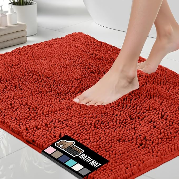 GORILLA GRIP Bath Rug Mat 36x24, Soft Absorbent Chenille, Quick Dry Microfiber Mats, Rubber Backing Washable Shower Floor Rugs, Bathmat Runner, US Designed Bathroom Home Accessories Sunset Orange
