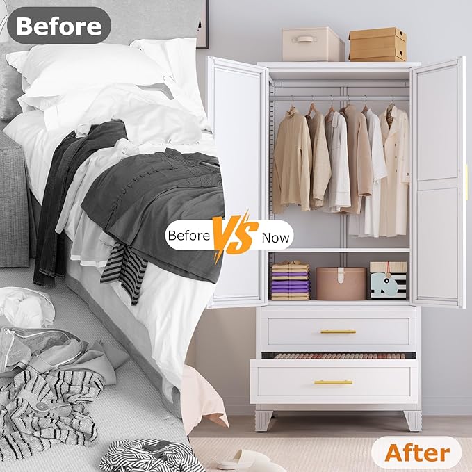 Metal Wardrobe Storage Cabinet with Mirror and Hanging Rod,71'' Metal Clothing Cabinet with 2 Doors and 2 Drawers and Adjustable Shelves for Bedroom, Laundry Room, Cloak Room (White)