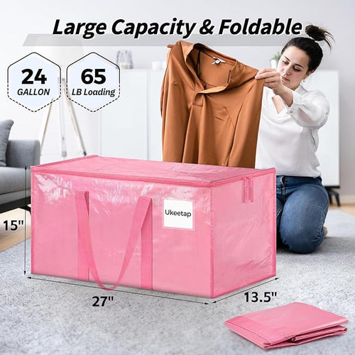 16 Pack Extra Large Heavy Duty Moving Bags, Pink Storage Bins with Lids, Reinforced Handles & Heavy-Duty Zippers Moving Boxes Storage Bags Totes for Clothes Packing, Dorms, College Supplies, Pink