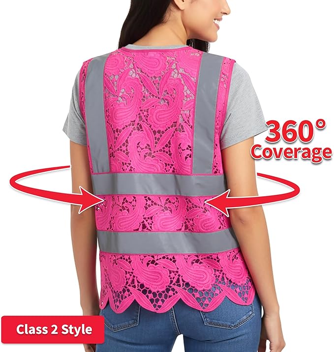 Lace-Mesh Safety Vest for Women & Men - Breathable, High Visibility Vest with Zipper & ANSI Class 2 Reflective Strips