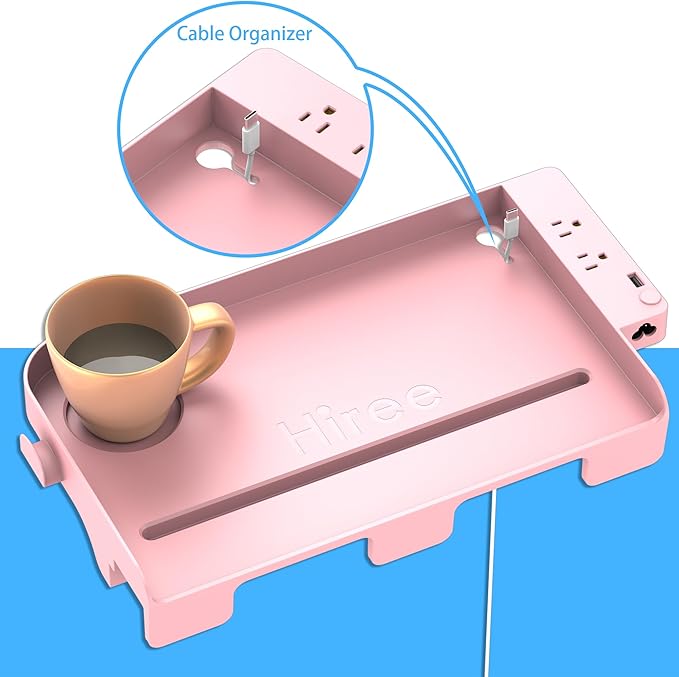 Bedside Shelf for Dorm Bunk Bed with USB Charging Port and 2 AC Outlets, Bed Side Table Tray Organizer, College Dorm Essential Clip On Bedside Tray, Loft Nightstand Decor, Plus Size, Pink