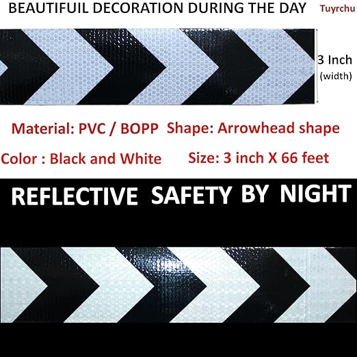 Black White Reflective Tape Outdoor Waterproof 3 inch X 66 feet, High Visibility Hazard Conspicuity Safety Industrial Marking Tape