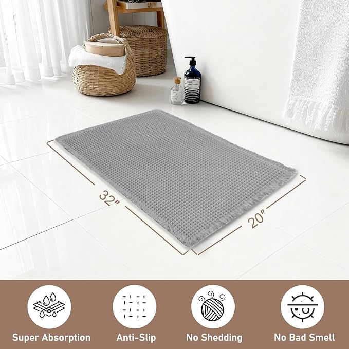Hiasan Waffle Bath Mat, Super Absorbent Non Slip Bathroom Boho Rug with Tassels, Machine Washable Bath Mats for Bathroom, Ultra Soft Rubber Backed Rug, Grey, 20 x 32 Inches