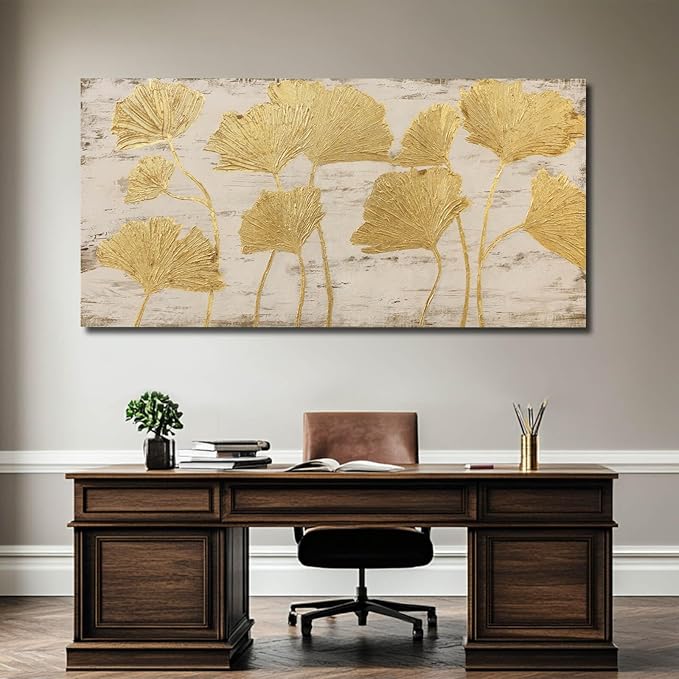 Gold Wall Decor Leaf Wall Art Large Photo Pictures Canvas Wall Decorations for Living Room Artwork for Girls Room 24"x48"