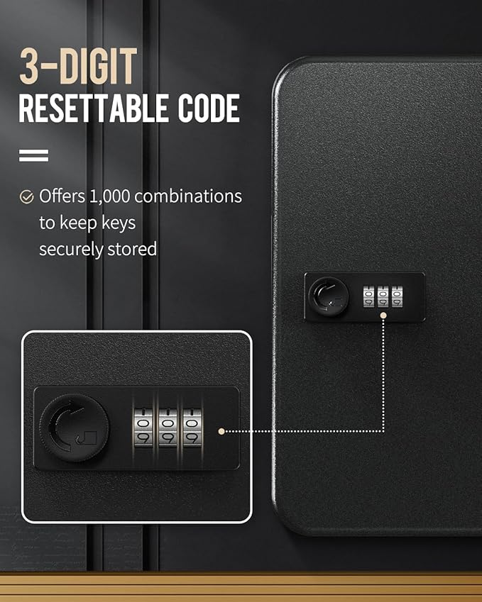 Uniclife 28 Position Key Cabinet with Combination Lock Resettable Black Digital Security Storage Box Steel Key Organizer with Colorful Key Tag Labels Stickers and Hooks
