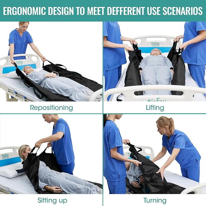 60" x 40" Positioning Bed Pad with Handles Washable Draw Sheets for Hospital Bed Ridden Patient Clothes Waterproof Glide Sheets for Patients Moving Pad for Lifting &Transfer Sheet Nylon, Black