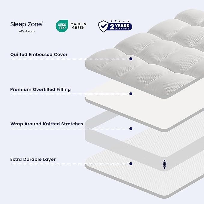 SLEEP ZONE Mattress Topper Twin XL Size, Extra Thick Fitted Mattress Pad for Back Pain, Plush and Support Mattress Cover, Deep Pockets Mattress Protector, Hotel Quality (White, Twin XL)