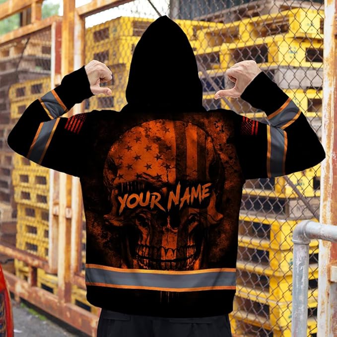 Maddly Hi Vis Reflective Zip Up Hoodie, High Visibility Safety Jacket with Skull Design for runner, worker, trucker, cyclist