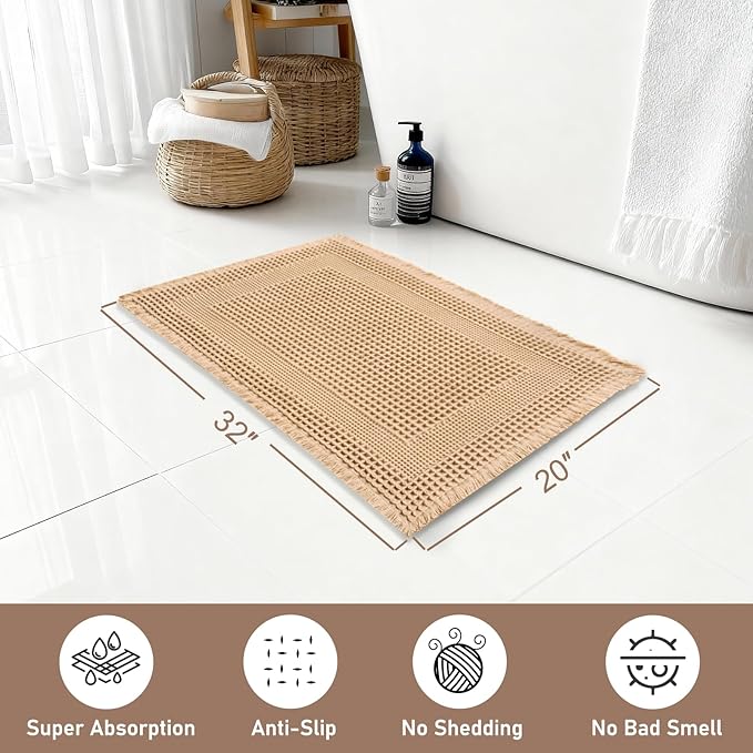 Hiasan Waffle Bath Mat, Super Absorbent Non Slip Bathroom Boho Rug with Tassels, Machine Washable Bath Mats for Bathroom, Ultra Soft Rubber Backed Rug, Loop-Brown, 20 x 32 Inches