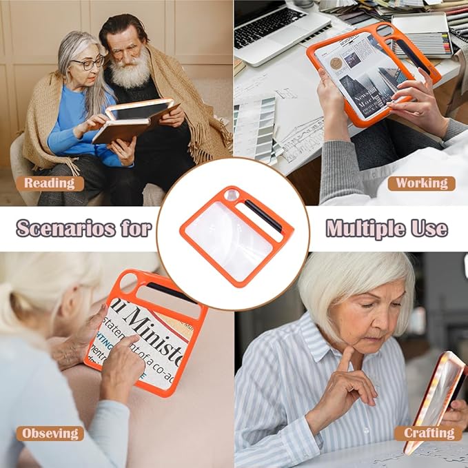 5X 10X Full Page Magnifying Glass for Reading, Rechargeable with 48 Adjustable LED Lights & 3 Light Modes, Comfort-Grip & Lightweight Handheld Magnifier for Seniors, Reading Aid, Low Vision(Orange)