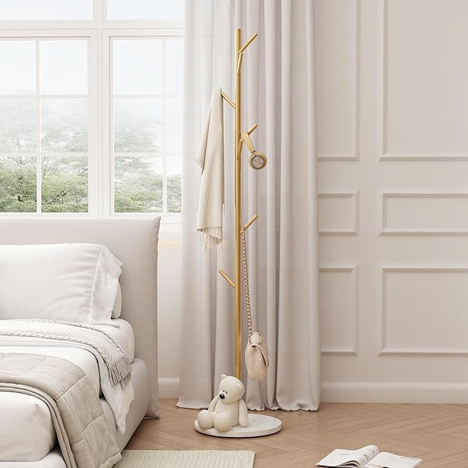 Gold Coat Rack Freestanding, Metal Coat Tree with Marble Base, Coat Rack Stand with 8 Hooks, Entryway Coat Stand for Hanging Clothes, Hats, Bags