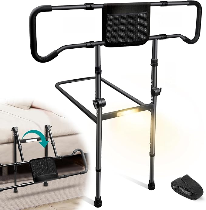 AMOVO Bed Rails for Elderly Adults Safety - Foldable Bed Assist Rails for Seniors Bed Side Grab Bar with Sensor Light, Adjustable Bedside Railing Safety Guard Rail Cane (ASTM F3186–17 Certified)