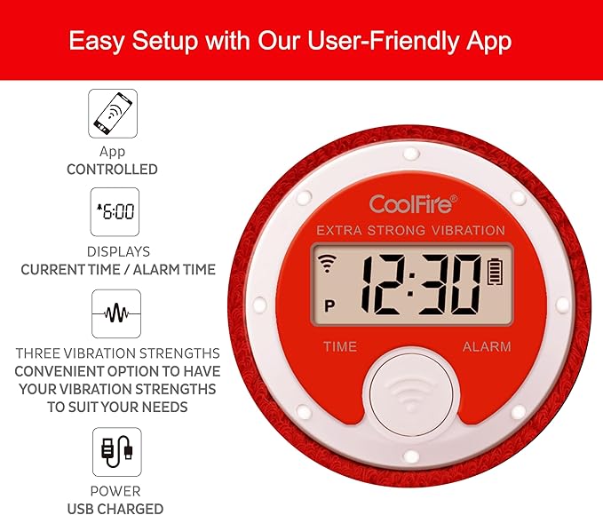 Coolfire - Vibrating Alarm Clock Sweatband, Silent Wake Yourself Up Wristband Vibrating Alarm Watch for Couples, Students, Easy to Set on User-Friendly App, Hearing Impaired, USB Chargeable (RED)