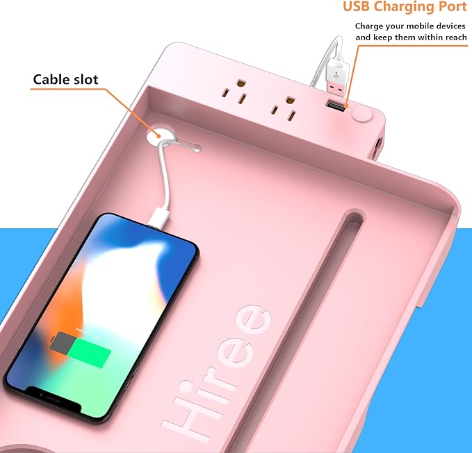 Bedside Shelf for Dorm Bunk Bed with USB Charging Port and 2 AC Outlets, Bed Side Table Tray Organizer, College Dorm Essential Clip On Bedside Tray, Loft Nightstand Decor, Plus Size, Pink