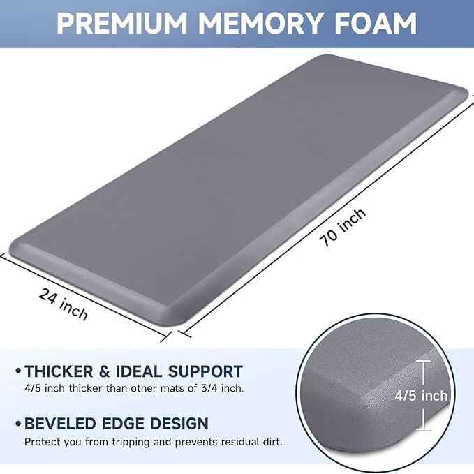 4/5 Inch Thick Kitchen Mats for Floor, StepRite Kitchen Rug for Standing Desk, Non-Slip, Thicker, Stain & Water Resistant, Comfort Anti Fatigue Floor Mat for Home, Kitchen, Office - Grey,70 * 24''
