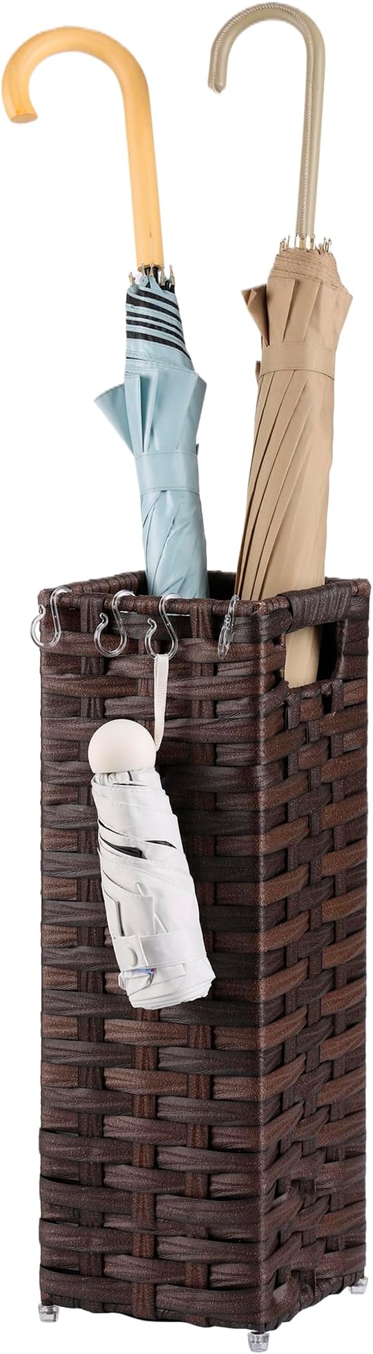 Rattan Umbrella Stand, Umbrella Holder for Entryway, Hand Woven Umbrella Rack Organizer Freestanding, with a Detachable Drip Tray, 4 Hooks, 6.5" L x 6.5" W x 16.5" H, Brown