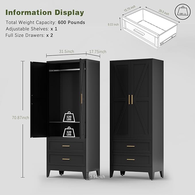 COFaR Metal Wardrobe Cabinet with Hanging Rod, 71 inches Tall