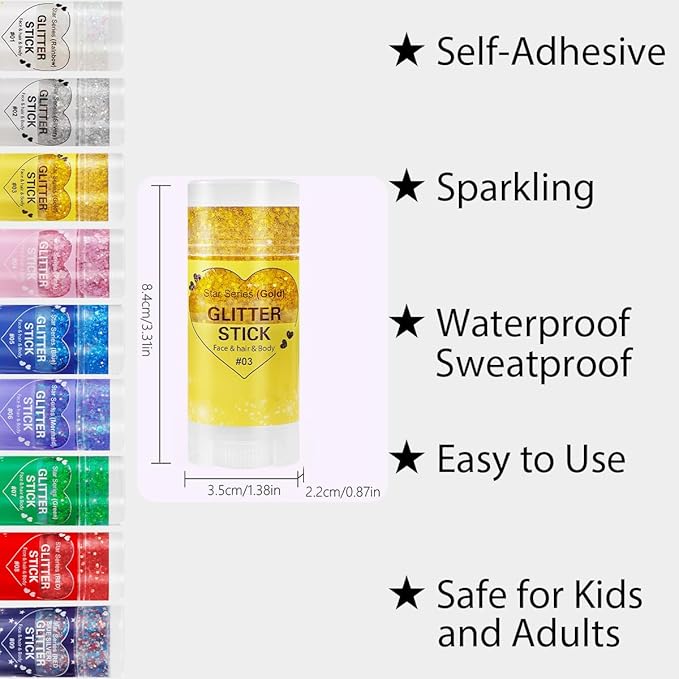 Mysense Gold Body Glitter Stick,Sparkling Face Hair Glitter,Mardi Gras Accessories,Singer Concert Festival Rave Outfit for Women,Mermaid Sequins Chunky Glitter Makeup