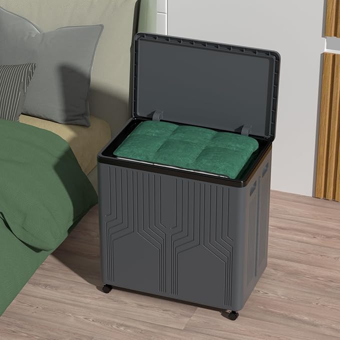 120 L Double Plastic Laundry Hamper with Wheels, Collapsible 2 Section Laundry Hamper with Lid, Grey