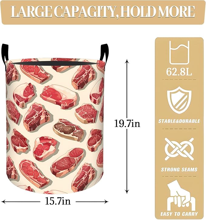 Realistic Steak Raw Meat Laundry Basket, Dorm Nursery Foldable Laundry Hamper Organizer for Bathroom Decor, Toy Clothes Storage Box for Bedroom 19.7x15.7 Inch