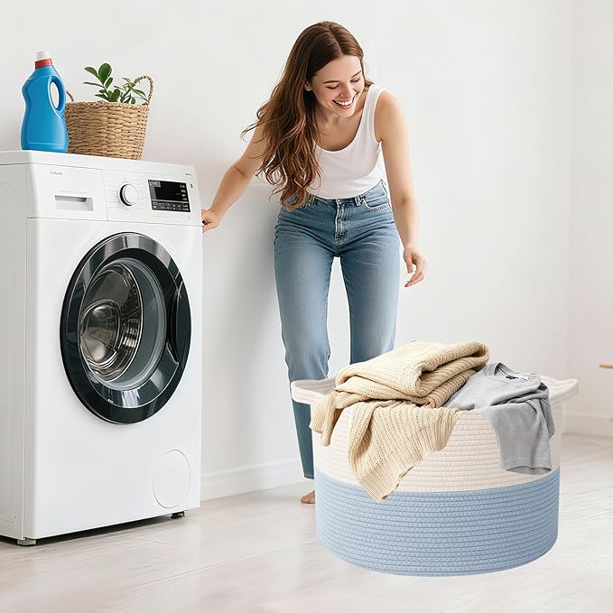 Large Storage Basket with Handle,19.7" L x 19.7" W x 13" H Blanket Basket Storage Bins for Organizing,65L Cotton Rope Woven Baskets for Living Room, Nursery ,Bedroom,White&Blue