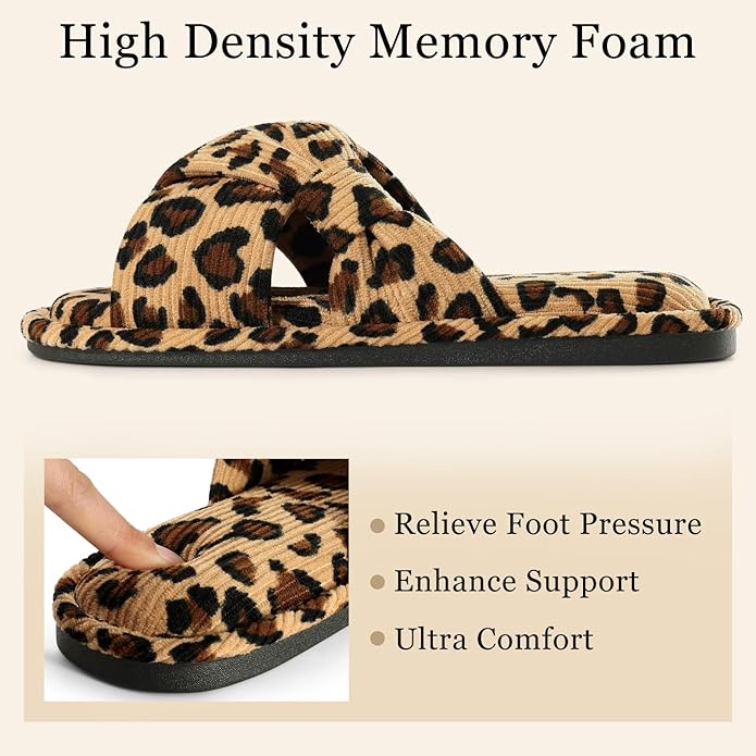 Evshine Fall House Slippers for Women Corduroy Cross Bow Indoor Slippers Open Toe Slip On Bedroom Shoes with Memory Foam