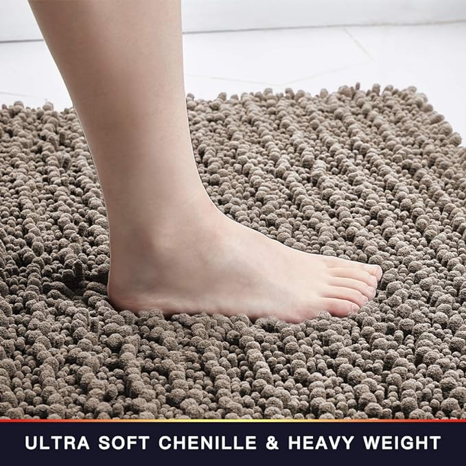 Walensee Bathroom Contour Rug Non Slip Toilet U Shaped Bath Mat (20x24, Taupe) Water Absorbent Super Soft Shaggy Chenille Machine Washable Dry Extra Thick Perfect Absorbant Best Plush Carpet