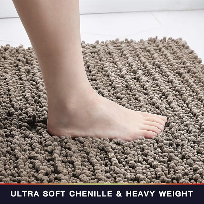 Walensee Bathroom Rug Non Slip Bath Mat (24x17 Inch Taupe) Water Absorbent Super Soft Shaggy Chenille Machine Washable Dry Extra Thick Perfect Absorbant Best Small Plush Carpet for Shower Floor