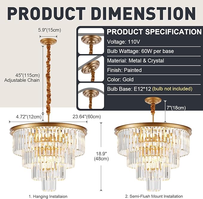 4-Tiers 23.6" Gold Crystal Chandelier Modern 12-Light Contemporary Crystal Pendant Chandeliers Light Fixture Hanging Lighting for Dinning Room Entryway Bedroom Foyer High Ceiling