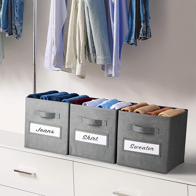 artsdi Fabric storage cubes (Set of 8) 11 Inch Cube Storage Bin, cube storage with 8 Labels Window Cards & a Pen, Foldable cube organizer bins, 11x11 storage bin, Cubby Organizer bins, Gray