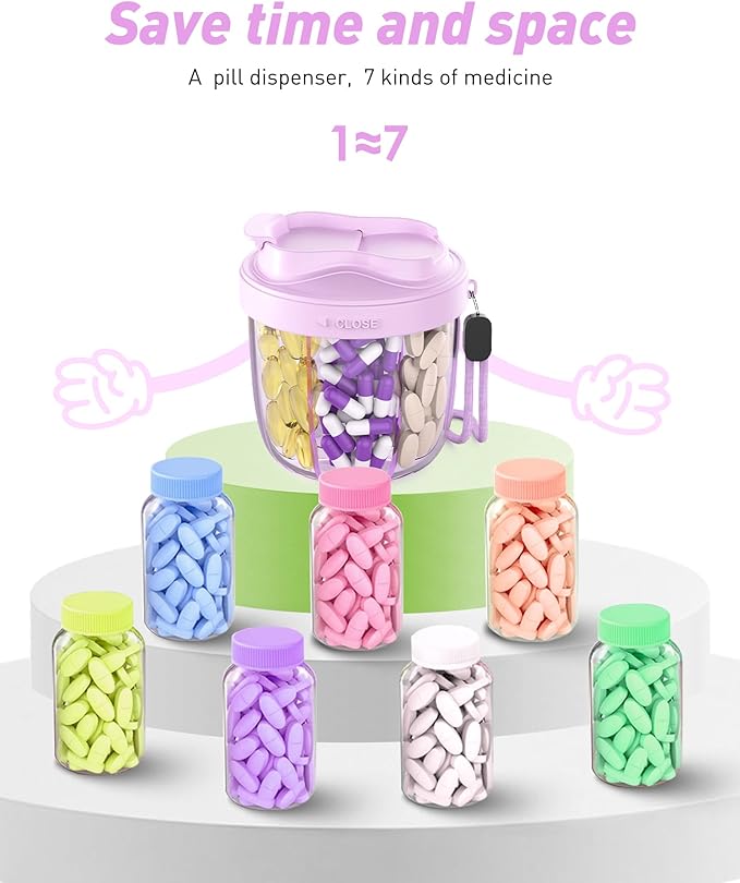 Pill Organizer,Pill Dispenser with 7 Large Compartments,Portable Pill Box for Travel, Anti-Mix Design & Wide Opening Design, Easy Access to Vitamin Dispenser, Includes 20 Blank Stickers(Purple)