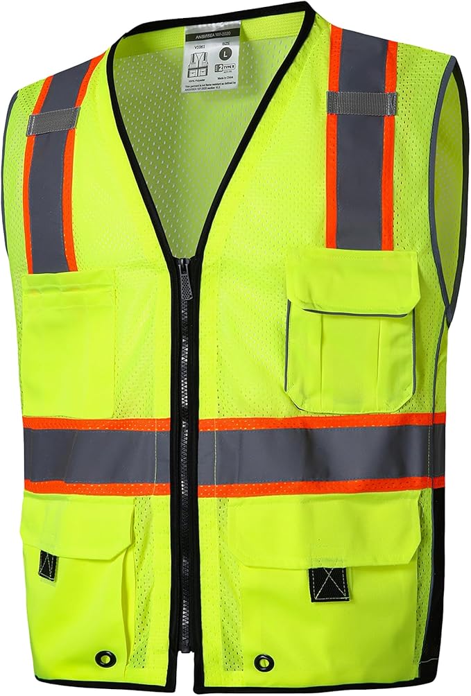 SKSAFETY 10 Pockets Professional Safety Vest, Class 2 High Visibility, ANSI/ISEA Standard, Construction Work Vest (Lime, 3XL)