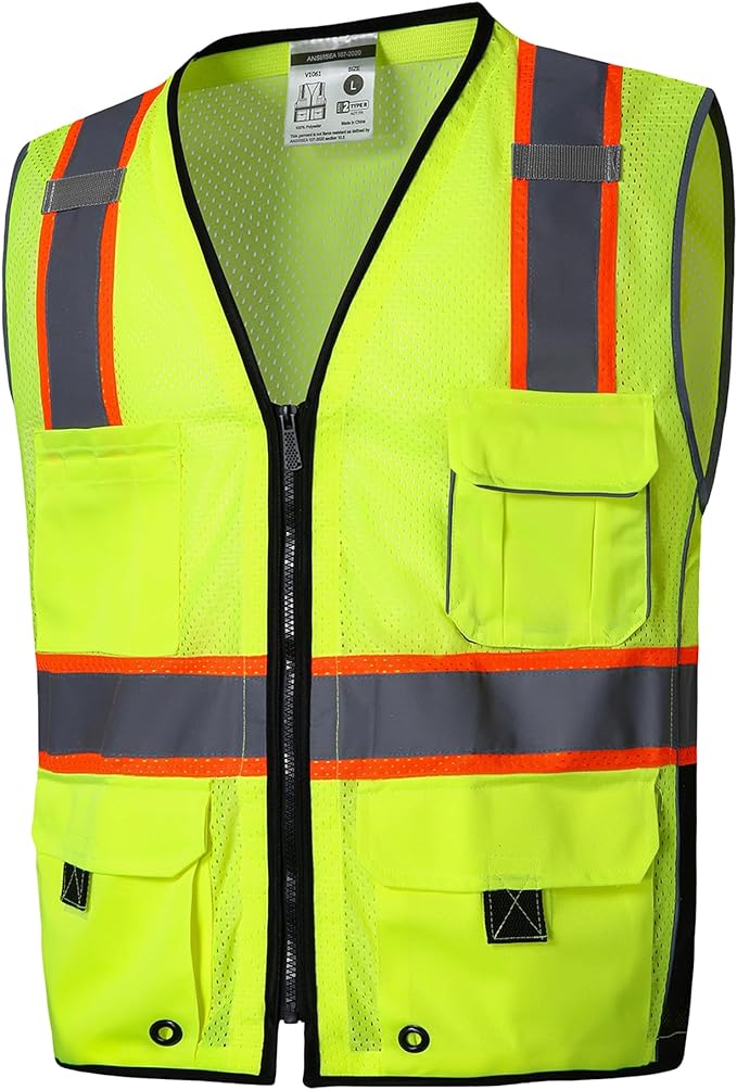 SKSAFETY 10 Pockets Professional level Safety Vest, Class 2 High Visibility Security Vest with Zipper, Hi Vis Vest with Reflective Strips, ANSI/ISEA Standard, Construction Work Vest（Lime, L）