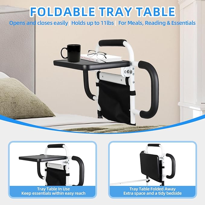 Bed Rails for Elderly Adults Safety with Foldable Tray & Motion Sensor Light, Adjustable Height Bed Assist Bar with 3 Handles, 350 lbs Capacity Bedside Support Rail, Easy to Install