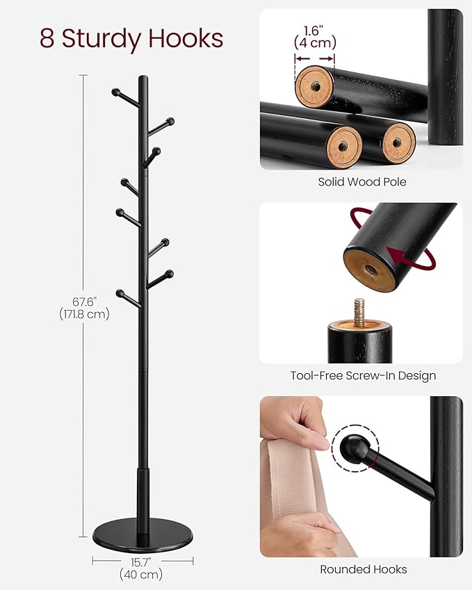 VASAGLE Solid Wood Coat Rack, Free Standing Hall Coat Tree with 8 Hooks, 3 Height Options, for Coats, Hats, Bags, Purses, for Entryway, Hallway, Rubberwood Hooks and Pole, Ink Black URCR007P33