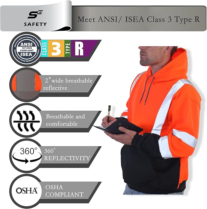 sesafety Class 3 High Visibility Sweatshirt for Men,Hooded Pullover,Hi-Vis Safety Hoodie Pullover Sweatshirt,Reflective Safety with Black Bottom,Orange,2XL