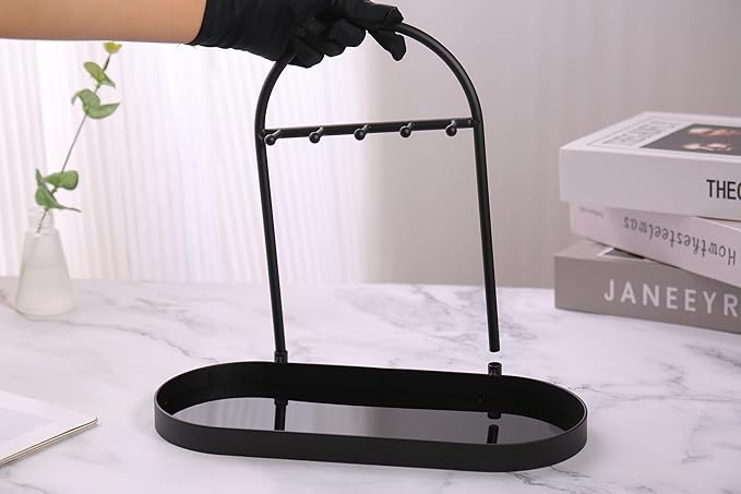 Shinpuru Metal Jewelry Organizer Stand & Key Holder Tray with Acrylic Base, Key Stand and Jewelry Tray with 5 Hooks, Perfect Bowl, Valet, Key Tray, Ring Holder, Jewelry Dish(Matt Black)