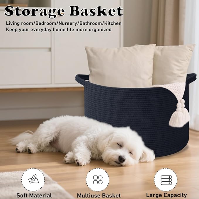 Large Storage Basket with Handle,19.7" L x 19.7" W x 13" H Blanket Basket Storage Bins for Organizing,65L Cotton Rope Woven Baskets for Living Room, Nursery ,Bedroom,Navy