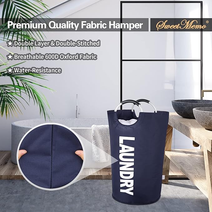 Large Laundry Basket Collapsible，Freestanding Clothes Hamper Bag with Handles – Tall Folding Dirty Laundry Bin，Sturdy Laundry Sorter for College Dorm，Laundry Room – 131L (Navy Blue)
