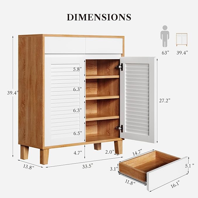 4-Tier Shoe Storage Cabinet with Drawer & Adjustable Shelves, Wooden Shoe Organizer Rack with Louvered Doors for Entryway, Hallway, Closet, Living Room(White/Brown)