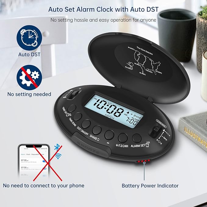 DreamSky Vibrating Alarm Clock for Heavy Sleepers - Auto Set Bed Shaker Alarm Clock Under Pillow for Hearing Impaired, Bedroom, Travel, Rechargeable Battery Operated, Cordless, Auto DST, LCD Backlight