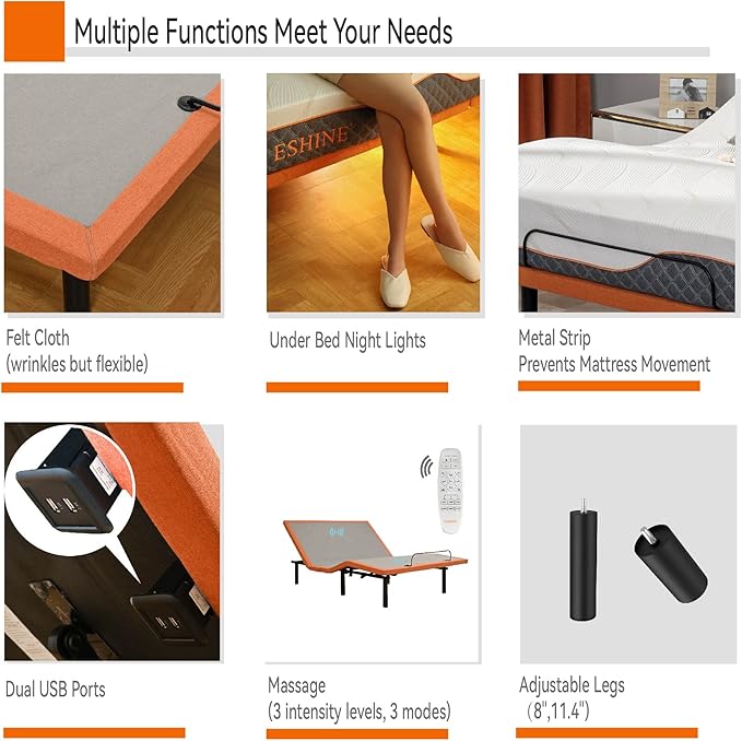 ESHINE Adjustable Bed Frame Queen - Easy to Install in 5 Minutes, Adjustable Bed for Massage, Zero Gravity, Under Bed Lights, Wireless Remote, Foot&Head Incline, Smart Bed, 3000 Premium Series